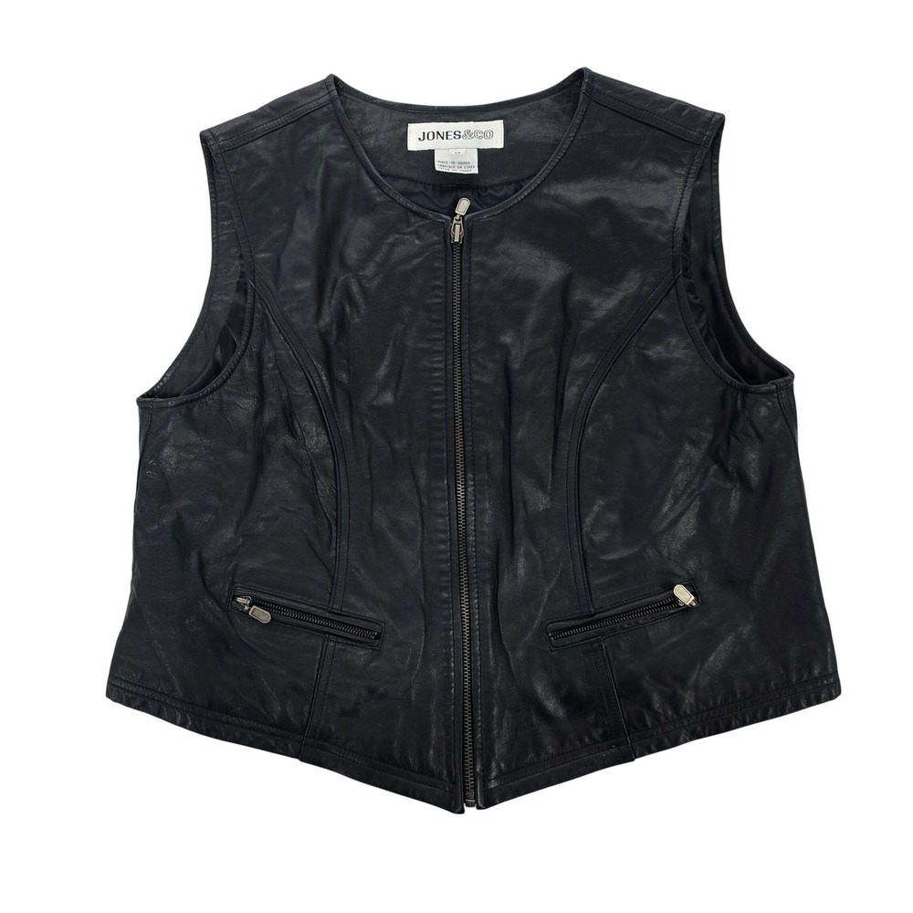 Jones & Co Women's Black Leather‎ Vest Zip Front Moto Biker Size M